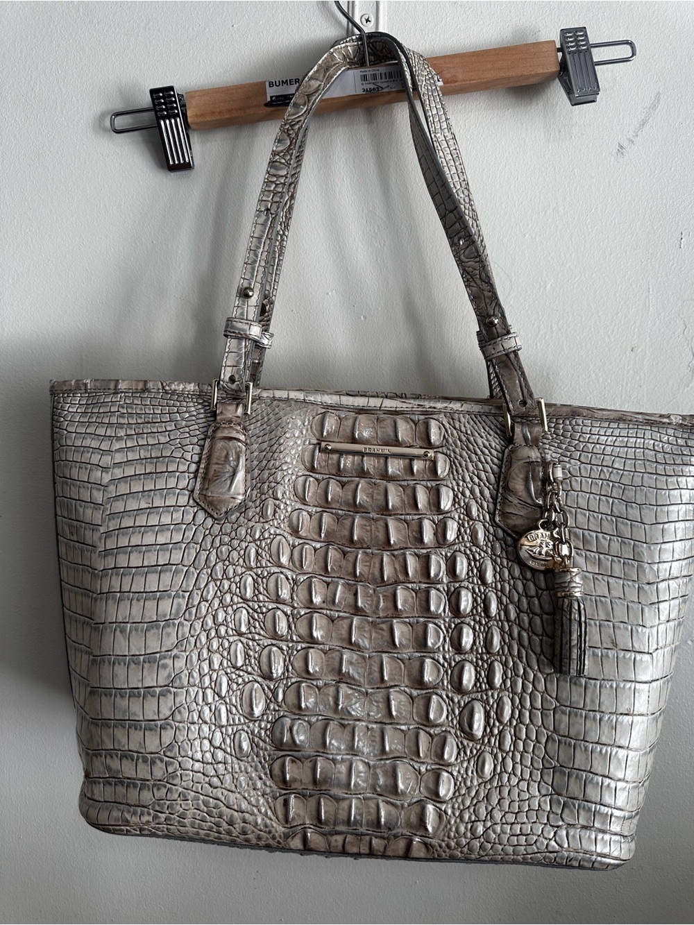 Brahmin Silver Croc-Embossed Tote with Tassel Charm - Picture 2 of 8